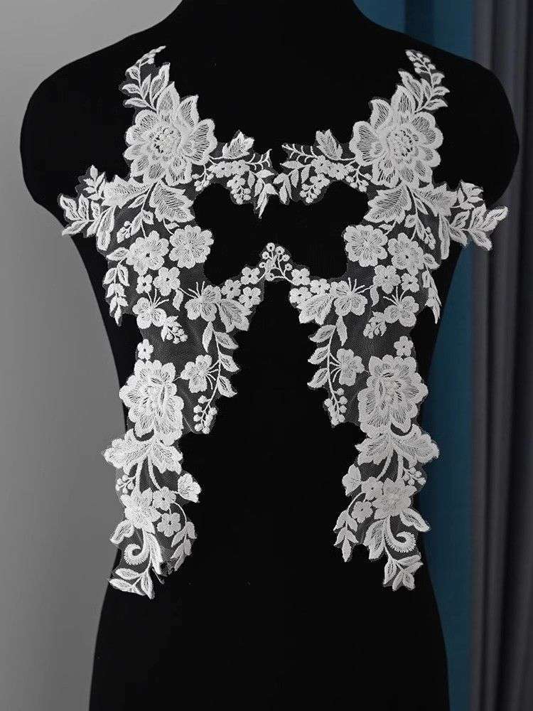 1 Yard Pair White Sequined Beaded Corded Guipure Chantilly Embroidered 3D Floral Bridal Lace Trim Applique Material Fabric JB035
