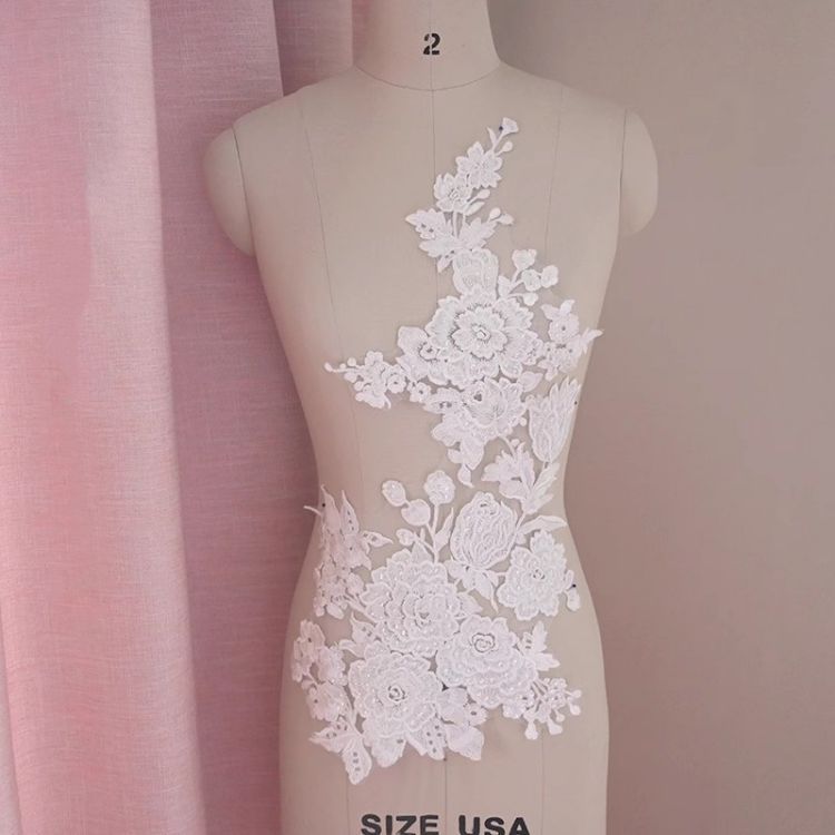 1 Yard Pair White Sequined Beaded Corded Guipure Chantilly Embroidered 3D Floral Bridal Lace Trim Applique Material Fabric JB034