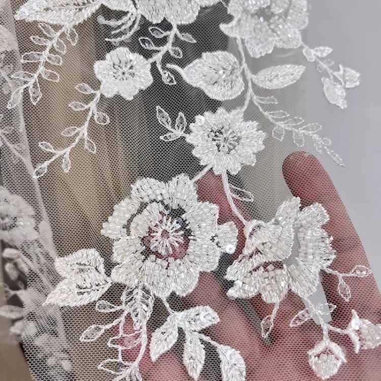 1 Yard Pair White Sequined Beaded Corded Guipure Chantilly Embroidered 3D Floral Bridal Lace Trim Applique Material Fabric JB052