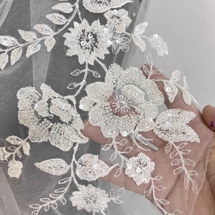 1 Yard Pair White Sequined Beaded Corded Guipure Chantilly Embroidered 3D Floral Bridal Lace Trim Applique Material Fabric JB052
