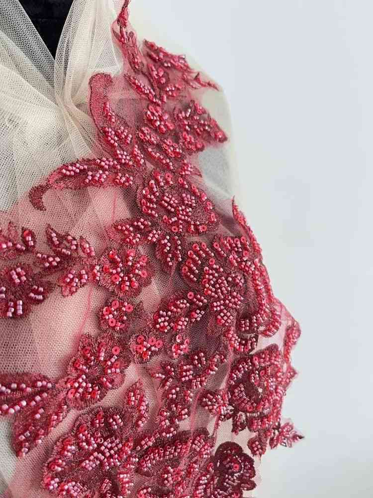 1 Yard Pair White Sequined Beaded Corded Guipure Chantilly Embroidered 3D Floral Bridal Lace Trim Applique Material Fabric JB061