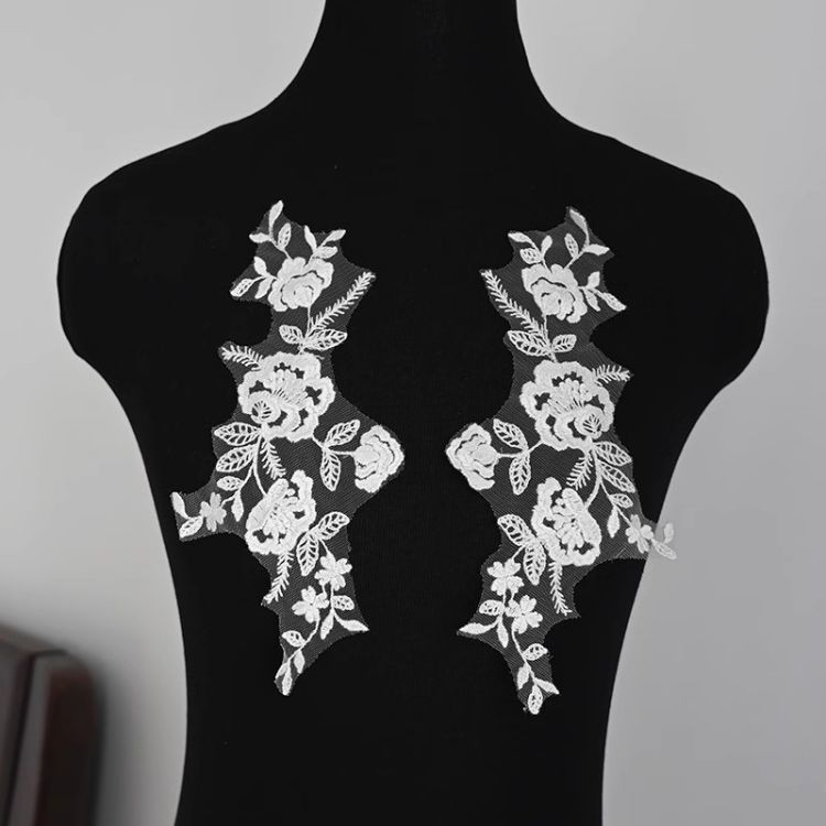 1 Yard Pair White Sequined Beaded Corded Guipure Chantilly Embroidered 3D Floral Bridal Lace Trim Applique Material Fabric JB047