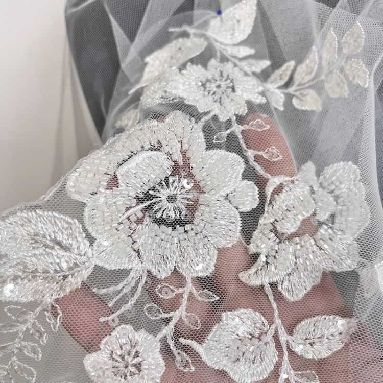 1 Yard Pair White Sequined Beaded Corded Guipure Chantilly Embroidered 3D Floral Bridal Lace Trim Applique Material Fabric JB052