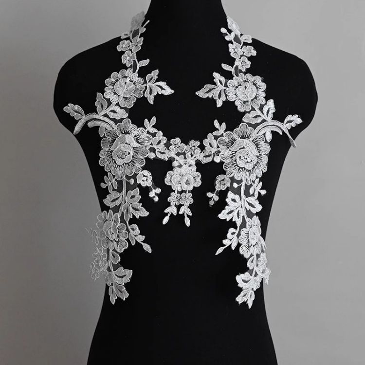 1 Yard Pair White Sequined Beaded Corded Guipure Chantilly Embroidered 3D Floral Bridal Lace Trim Applique Material Fabric JB066