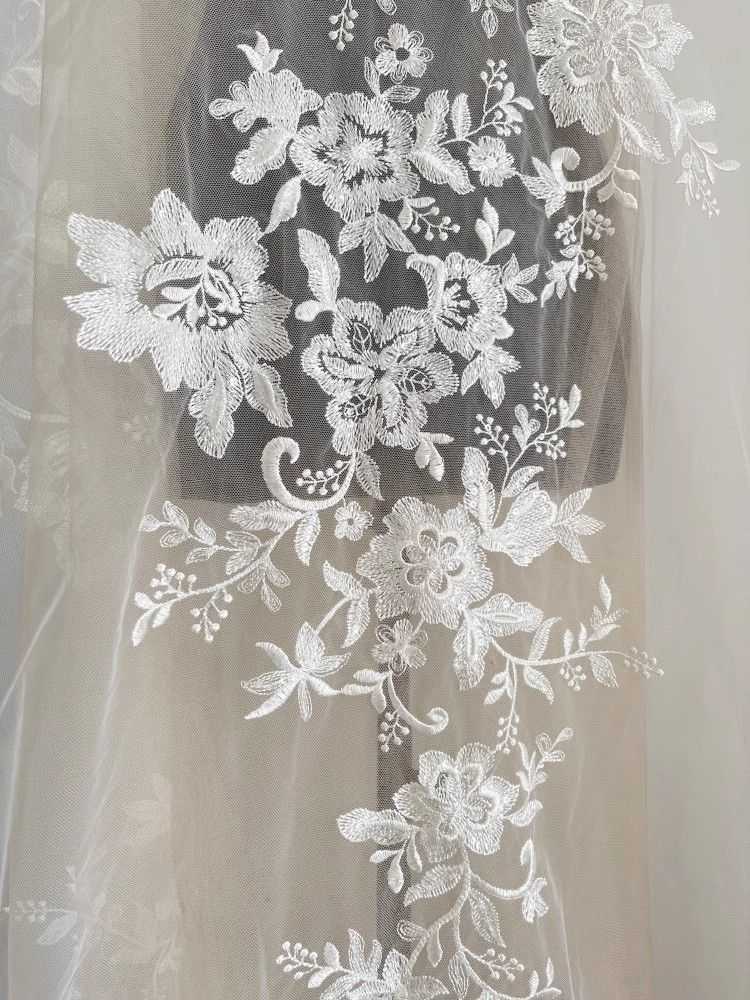 1 Yard Pair White Sequined Beaded Corded Guipure Chantilly Embroidered 3D Floral Bridal Lace Trim Applique Material Fabric JB064