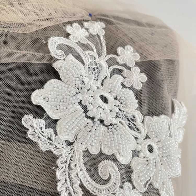 1 Yard Pair White Sequined Beaded Corded Guipure Chantilly Embroidered 3D Floral Bridal Lace Trim Applique Material Fabric JB060