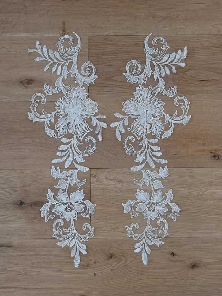 1 Yard Pair White Sequined Beaded Corded Guipure Chantilly Embroidered 3D Floral Bridal Lace Trim Applique Material Fabric JB044