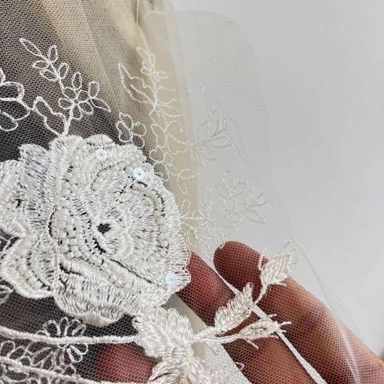 1 Yard Pair White Sequined Beaded Corded Guipure Chantilly Embroidered 3D Floral Bridal Lace Trim Applique Material Fabric JB058