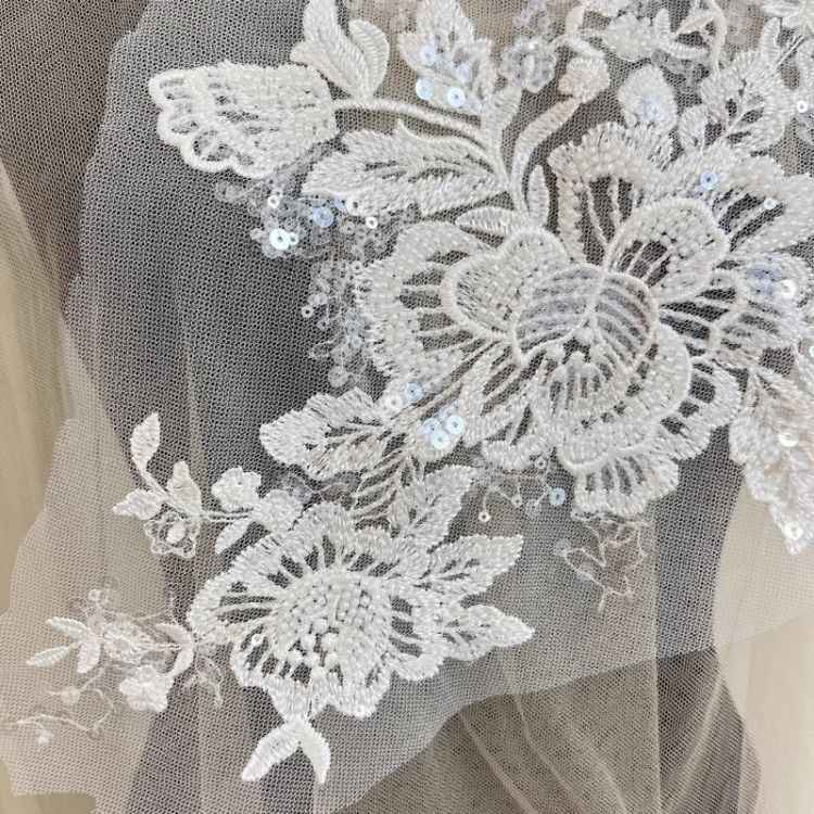 1 Yard Pair White Sequined Beaded Corded Guipure Chantilly Embroidered 3D Floral Bridal Lace Trim Applique Material Fabric JB055