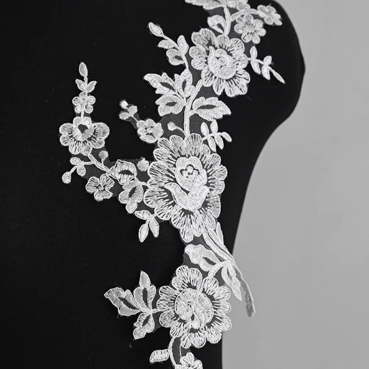 1 Yard Pair White Sequined Beaded Corded Guipure Chantilly Embroidered 3D Floral Bridal Lace Trim Applique Material Fabric JB066