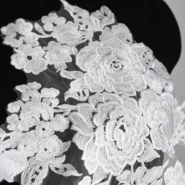 1 Yard Pair White Sequined Beaded Corded Guipure Chantilly Embroidered 3D Floral Bridal Lace Trim Applique Material Fabric JB034