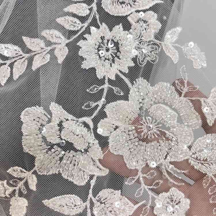 1 Yard Pair White Sequined Beaded Corded Guipure Chantilly Embroidered 3D Floral Bridal Lace Trim Applique Material Fabric JB052