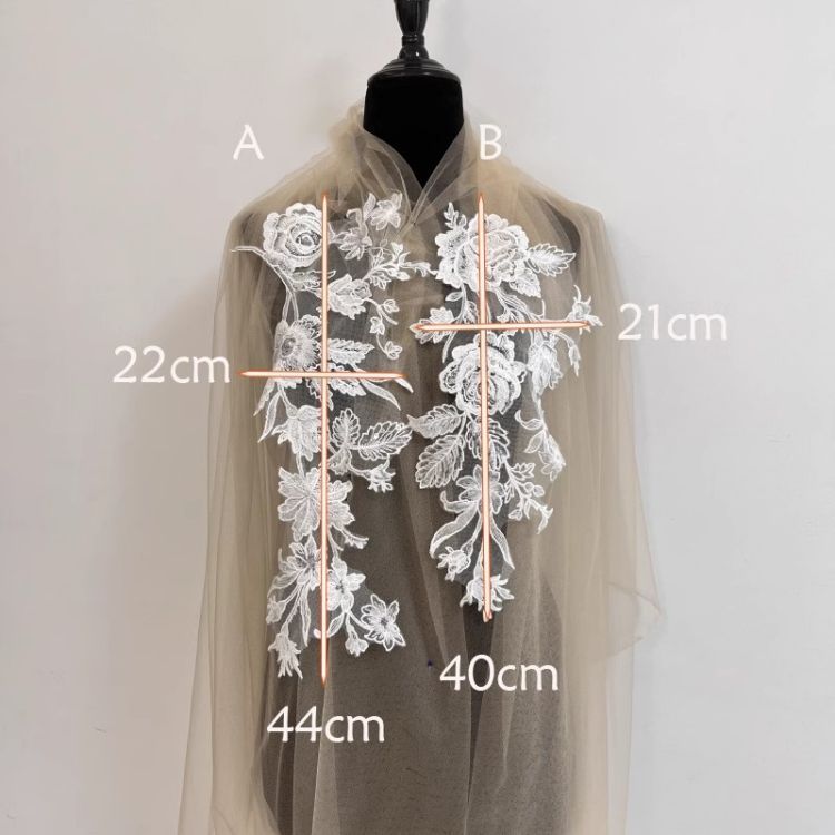 1 Yard Pair White Sequined Beaded Corded Guipure Chantilly Embroidered 3D Floral Bridal Lace Trim Applique Material Fabric JB054