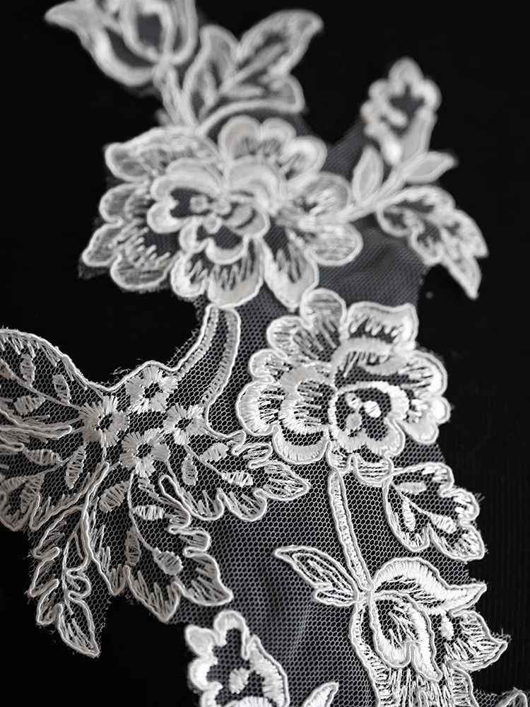 1 Yard Pair White Sequined Beaded Corded Guipure Chantilly Embroidered 3D Floral Bridal Lace Trim Applique Material Fabric JB066