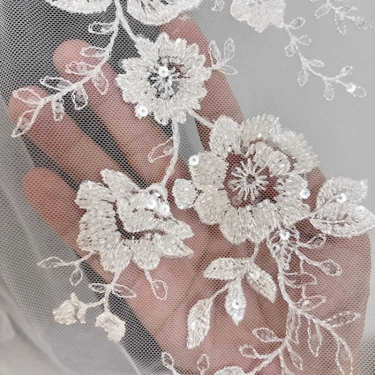 1 Yard Pair White Sequined Beaded Corded Guipure Chantilly Embroidered 3D Floral Bridal Lace Trim Applique Material Fabric JB052