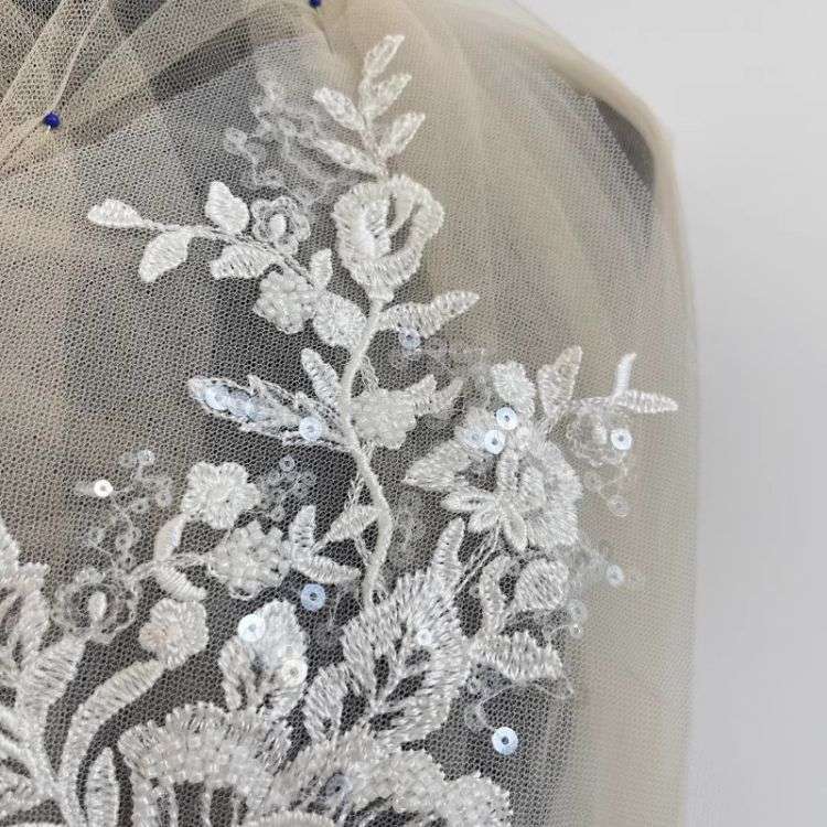 1 Yard Pair White Sequined Beaded Corded Guipure Chantilly Embroidered 3D Floral Bridal Lace Trim Applique Material Fabric JB055