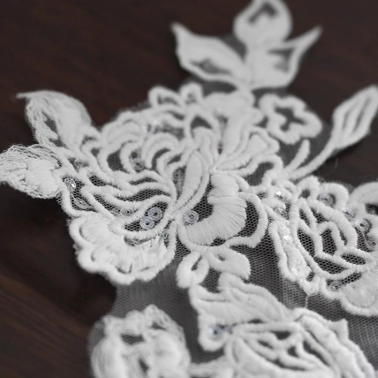 1 Yard Pair White Sequined Beaded Corded Guipure Chantilly Embroidered 3D Floral Bridal Lace Trim Applique Material Fabric JB068