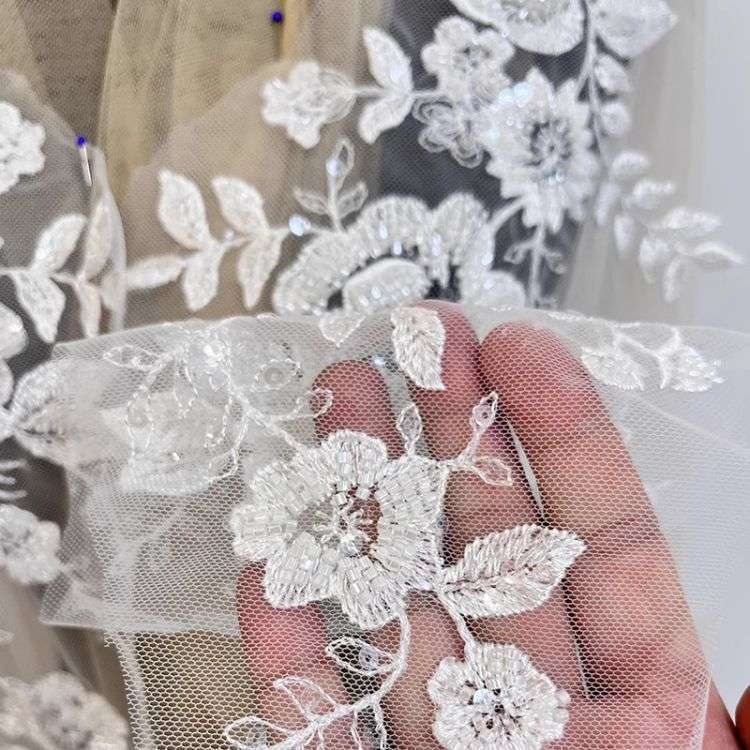 1 Yard Pair White Sequined Beaded Corded Guipure Chantilly Embroidered 3D Floral Bridal Lace Trim Applique Material Fabric JB052