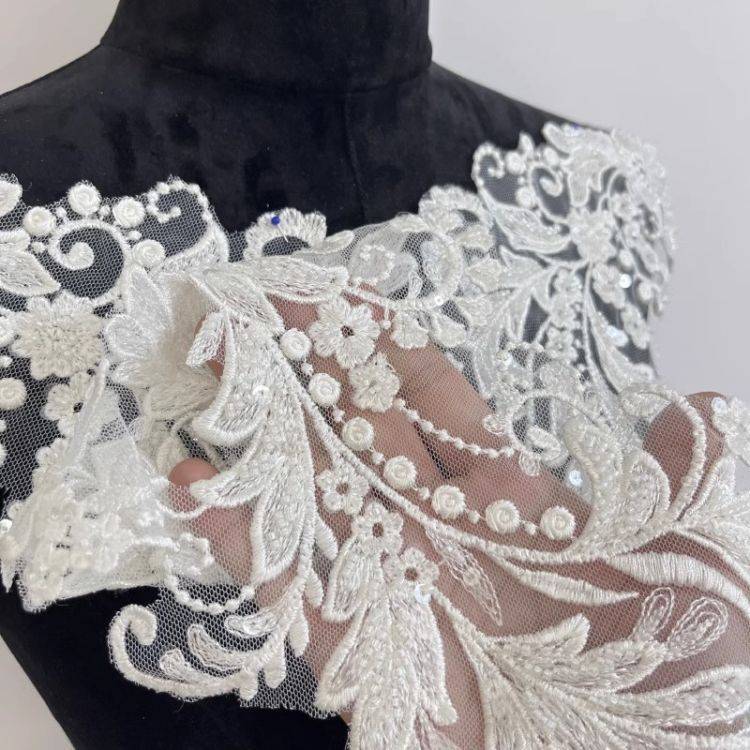 1 Yard Pair White Sequined Beaded Corded Guipure Chantilly Embroidered 3D Floral Bridal Lace Trim Applique Material Fabric JB059