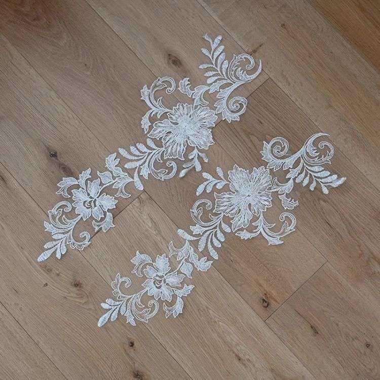 1 Yard Pair White Sequined Beaded Corded Guipure Chantilly Embroidered 3D Floral Bridal Lace Trim Applique Material Fabric JB044