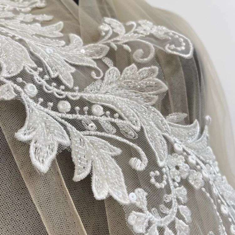 1 Yard Pair White Sequined Beaded Corded Guipure Chantilly Embroidered 3D Floral Bridal Lace Trim Applique Material Fabric JB059