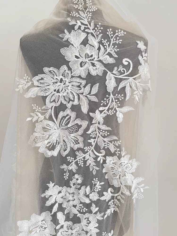 1 Yard Pair White Sequined Beaded Corded Guipure Chantilly Embroidered 3D Floral Bridal Lace Trim Applique Material Fabric JB064