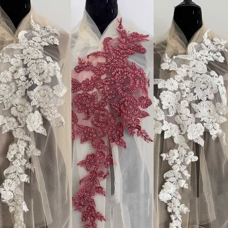 1 Yard Pair White Sequined Beaded Corded Guipure Chantilly Embroidered 3D Floral Bridal Lace Trim Applique Material Fabric JB061