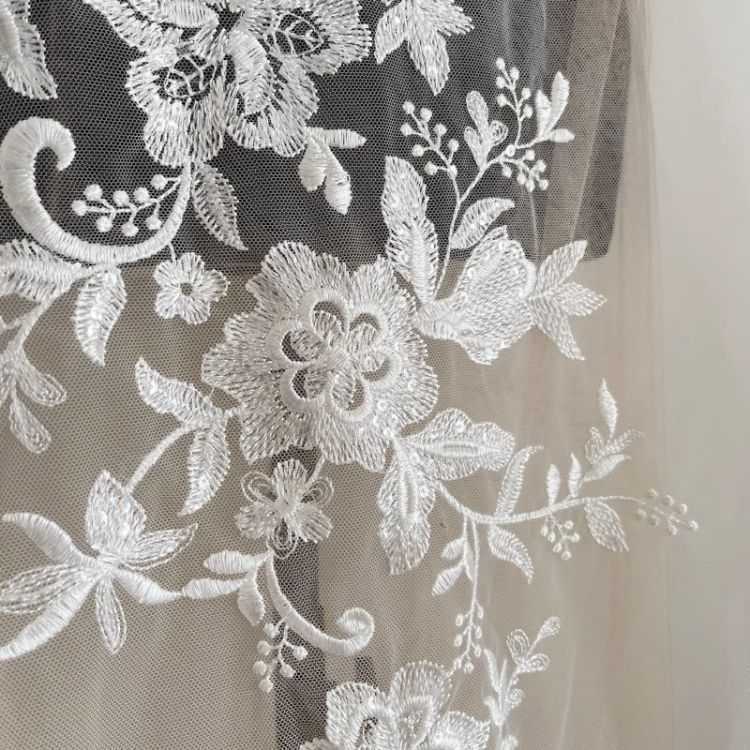 1 Yard Pair White Sequined Beaded Corded Guipure Chantilly Embroidered 3D Floral Bridal Lace Trim Applique Material Fabric JB064