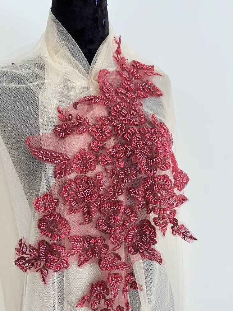 1 Yard Pair White Sequined Beaded Corded Guipure Chantilly Embroidered 3D Floral Bridal Lace Trim Applique Material Fabric JB061
