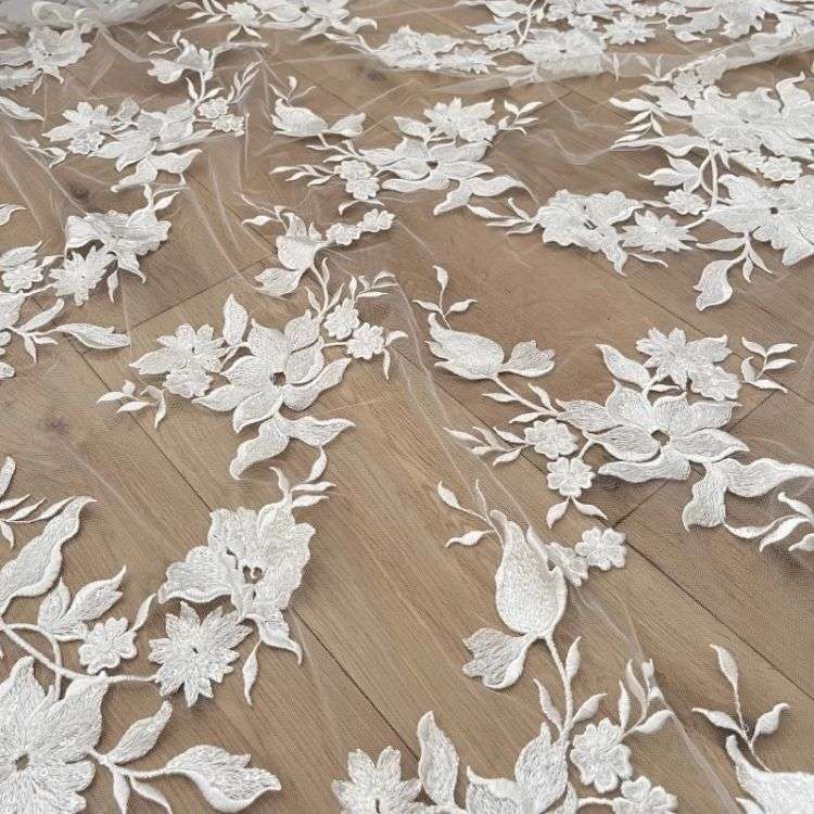 1 Yard Pair White Sequined Beaded Corded Guipure Chantilly Embroidered 3D Floral Bridal Lace Trim Applique Material Fabric JB063