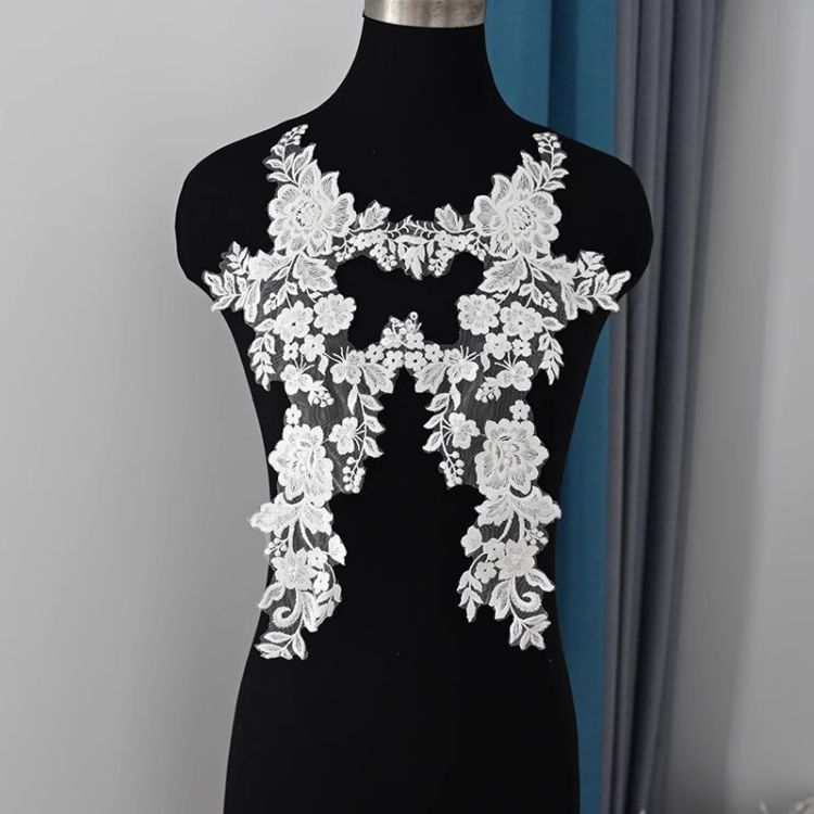 1 Yard Pair White Sequined Beaded Corded Guipure Chantilly Embroidered 3D Floral Bridal Lace Trim Applique Material Fabric JB035