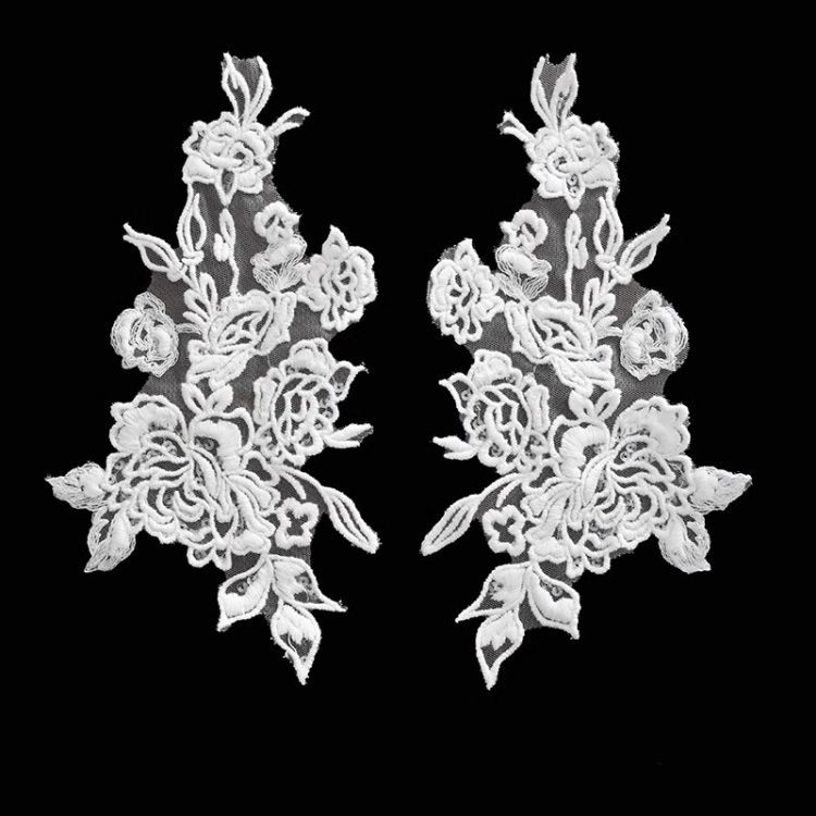 1 Yard Pair White Sequined Beaded Corded Guipure Chantilly Embroidered 3D Floral Bridal Lace Trim Applique Material Fabric JB068