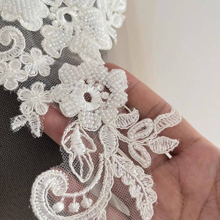 1 Yard Pair White Sequined Beaded Corded Guipure Chantilly Embroidered 3D Floral Bridal Lace Trim Applique Material Fabric JB060