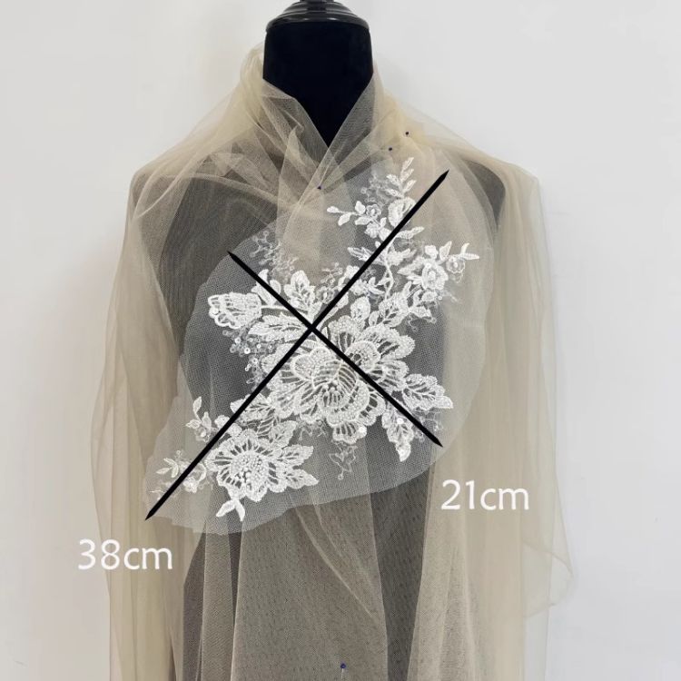 1 Yard Pair White Sequined Beaded Corded Guipure Chantilly Embroidered 3D Floral Bridal Lace Trim Applique Material Fabric JB055