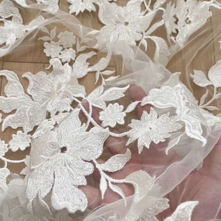 1 Yard Pair White Sequined Beaded Corded Guipure Chantilly Embroidered 3D Floral Bridal Lace Trim Applique Material Fabric JB063