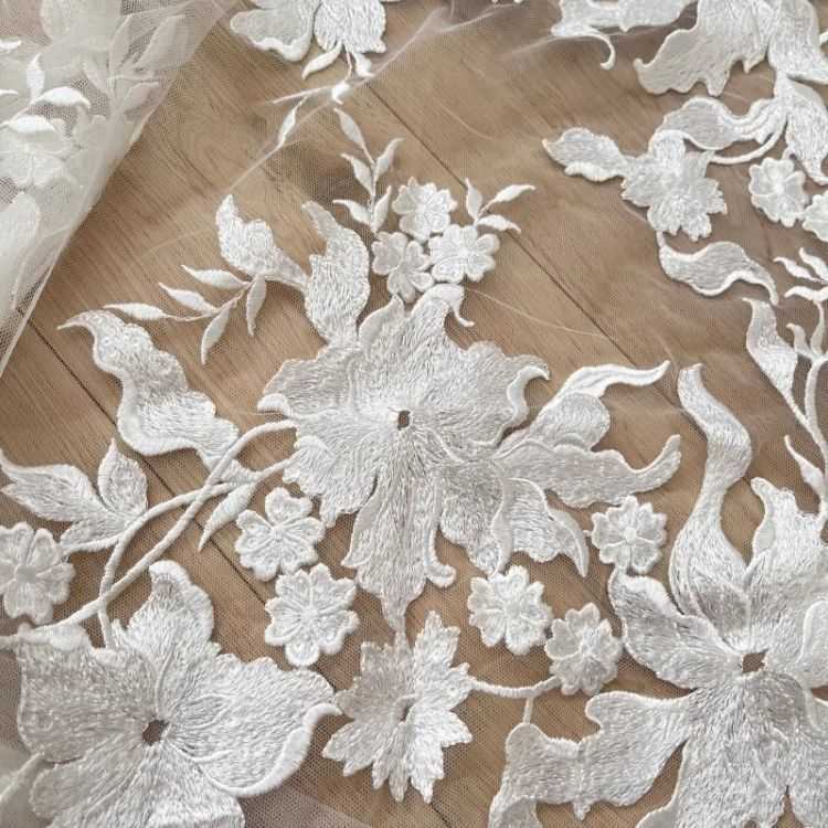 1 Yard Pair White Sequined Beaded Corded Guipure Chantilly Embroidered 3D Floral Bridal Lace Trim Applique Material Fabric JB063