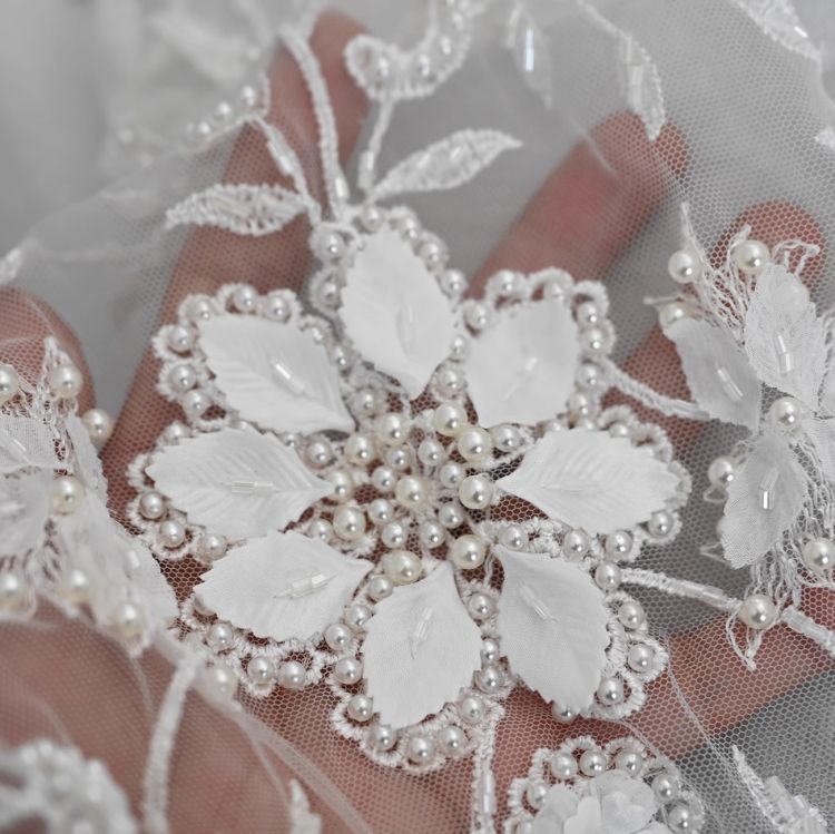 1 Yard Pair White Sequined Beaded Corded Guipure Chantilly Embroidered 3D Floral Bridal Lace Trim Applique Material Fabric JB069