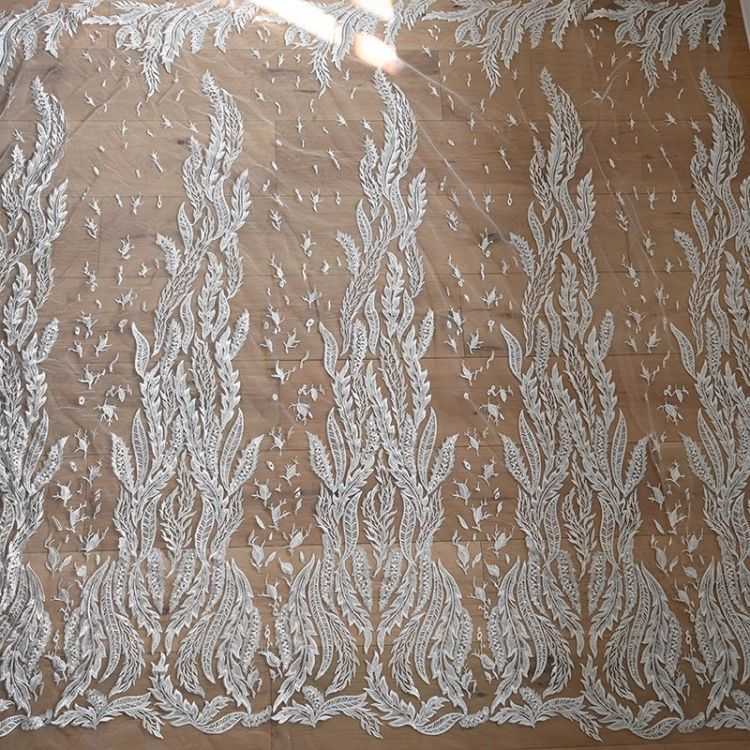 1 Yard Pair White Sequined Beaded Corded Guipure Chantilly Embroidered 3D Floral Bridal Lace Trim Applique Material Fabric JB038