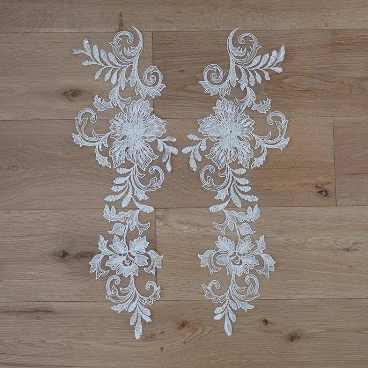1 Yard Pair White Sequined Beaded Corded Guipure Chantilly Embroidered 3D Floral Bridal Lace Trim Applique Material Fabric JB044