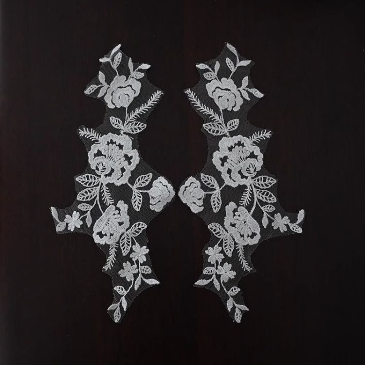 1 Yard Pair White Sequined Beaded Corded Guipure Chantilly Embroidered 3D Floral Bridal Lace Trim Applique Material Fabric JB047