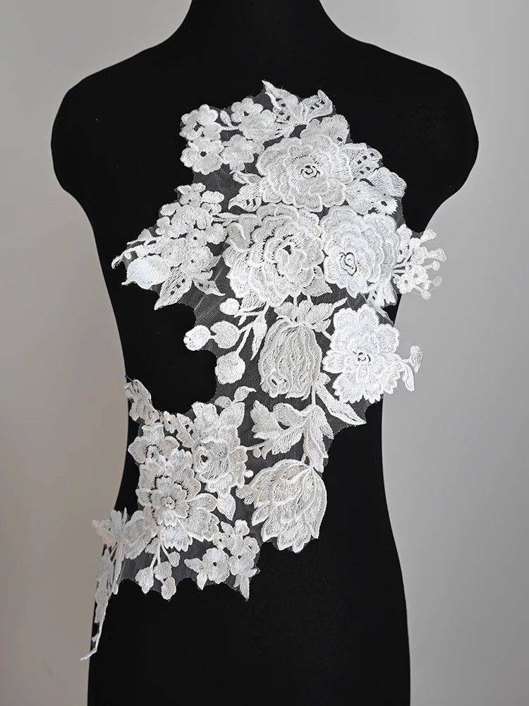 1 Yard Pair White Sequined Beaded Corded Guipure Chantilly Embroidered 3D Floral Bridal Lace Trim Applique Material Fabric JB034