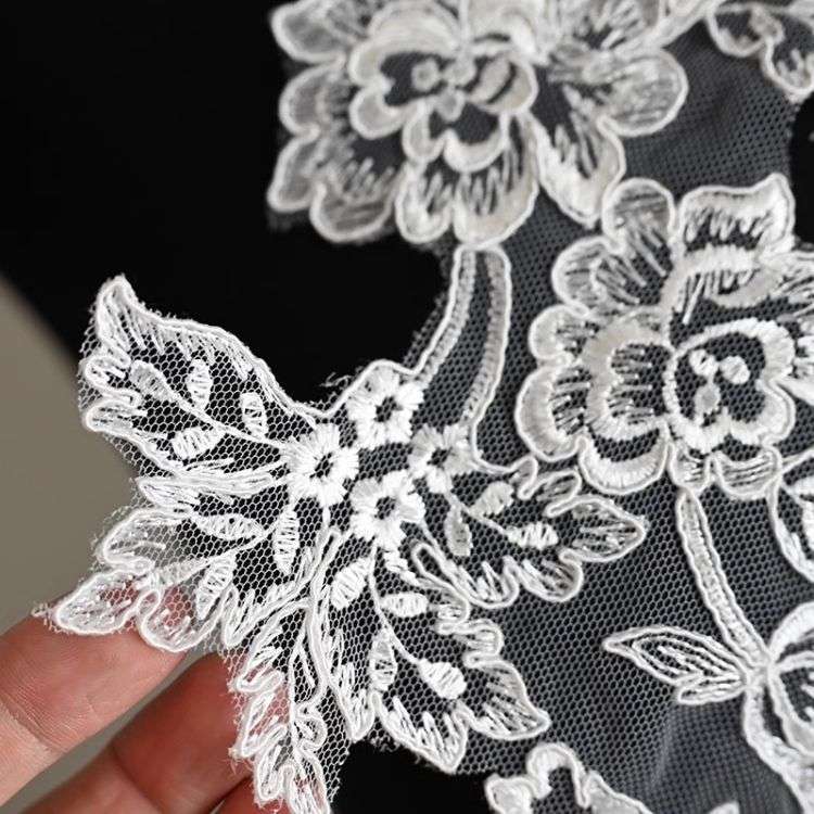 1 Yard Pair White Sequined Beaded Corded Guipure Chantilly Embroidered 3D Floral Bridal Lace Trim Applique Material Fabric JB066