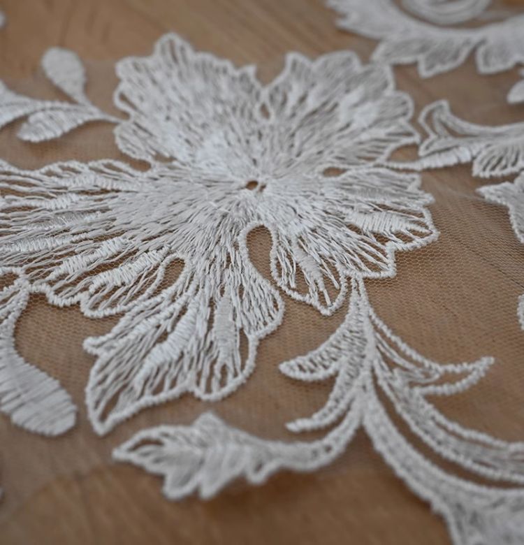 1 Yard Pair White Sequined Beaded Corded Guipure Chantilly Embroidered 3D Floral Bridal Lace Trim Applique Material Fabric JB044