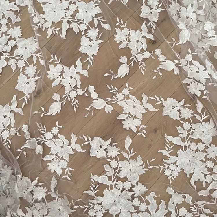 1 Yard Pair White Sequined Beaded Corded Guipure Chantilly Embroidered 3D Floral Bridal Lace Trim Applique Material Fabric JB063