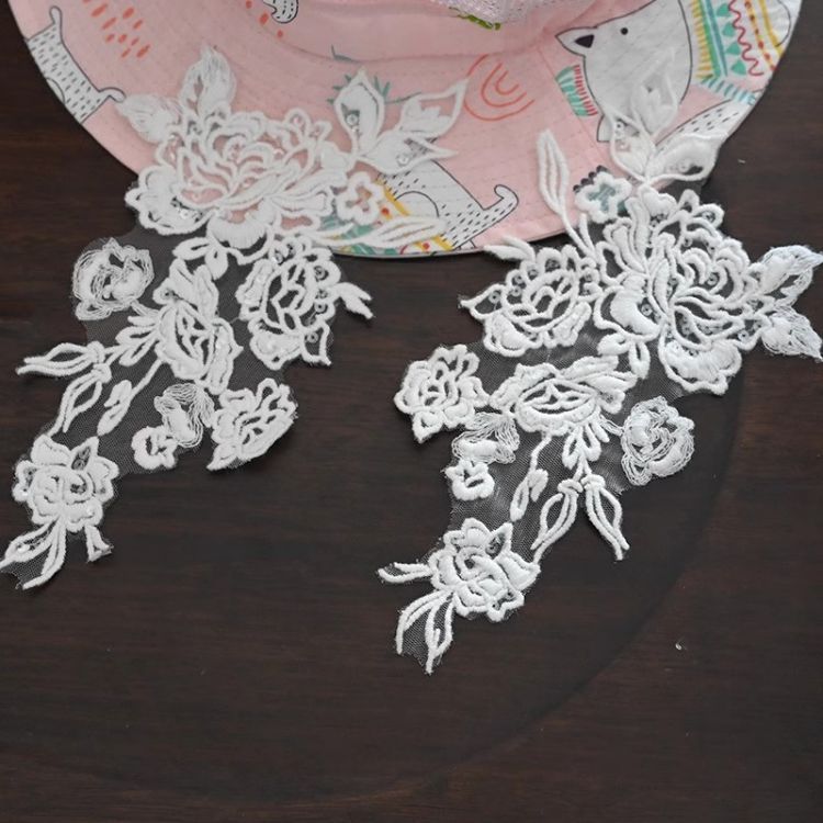 1 Yard Pair White Sequined Beaded Corded Guipure Chantilly Embroidered 3D Floral Bridal Lace Trim Applique Material Fabric JB068