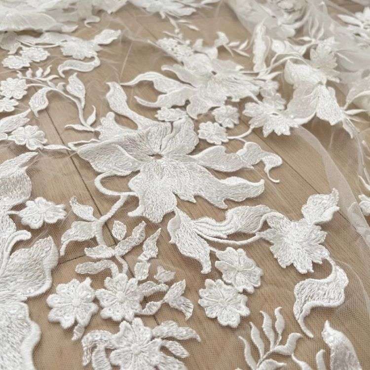 1 Yard Pair White Sequined Beaded Corded Guipure Chantilly Embroidered 3D Floral Bridal Lace Trim Applique Material Fabric JB063