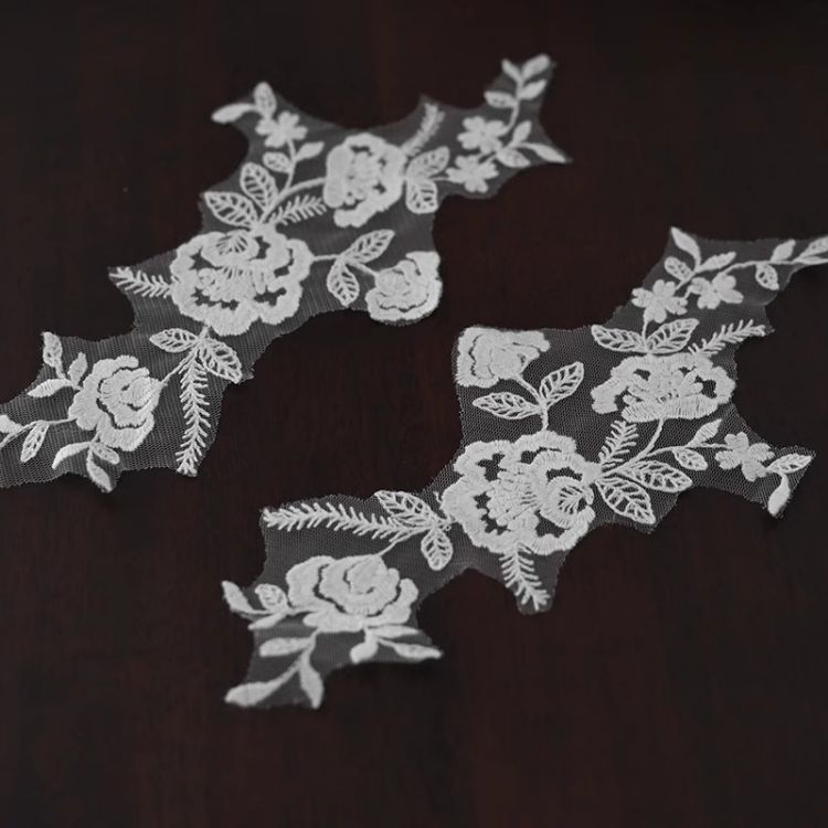 1 Yard Pair White Sequined Beaded Corded Guipure Chantilly Embroidered 3D Floral Bridal Lace Trim Applique Material Fabric JB047