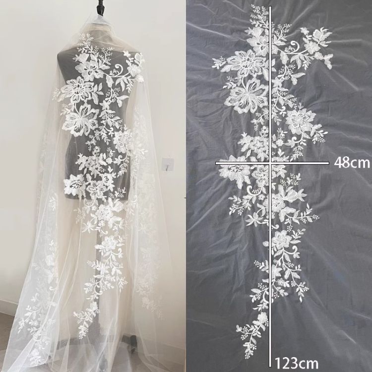 1 Yard Pair White Sequined Beaded Corded Guipure Chantilly Embroidered 3D Floral Bridal Lace Trim Applique Material Fabric JB064