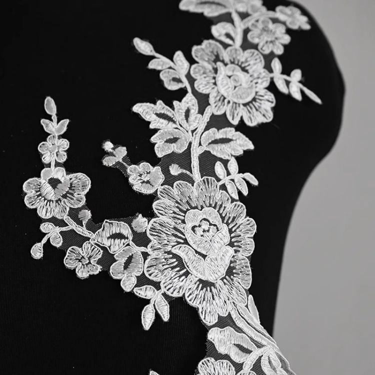 1 Yard Pair White Sequined Beaded Corded Guipure Chantilly Embroidered 3D Floral Bridal Lace Trim Applique Material Fabric JB066
