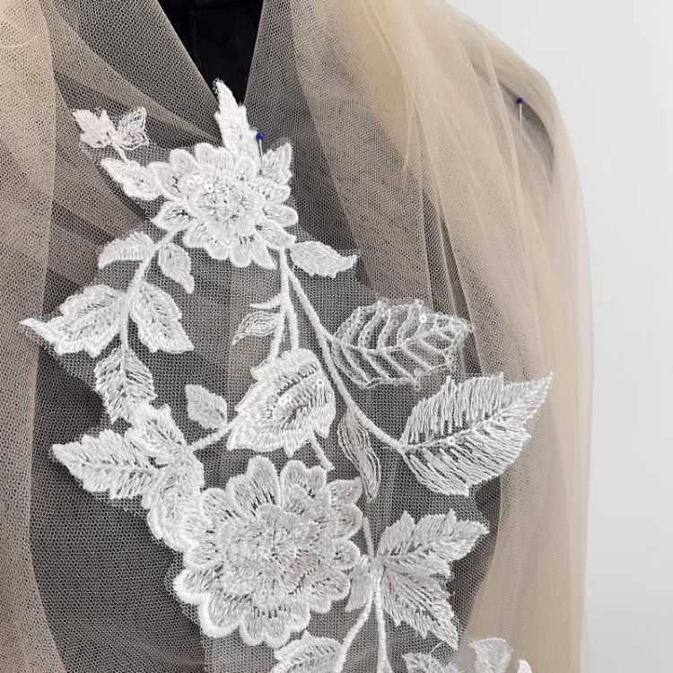 1 Yard Pair White Sequined Beaded Corded Guipure Chantilly Embroidered 3D Floral Bridal Lace Trim Applique Material Fabric JB056